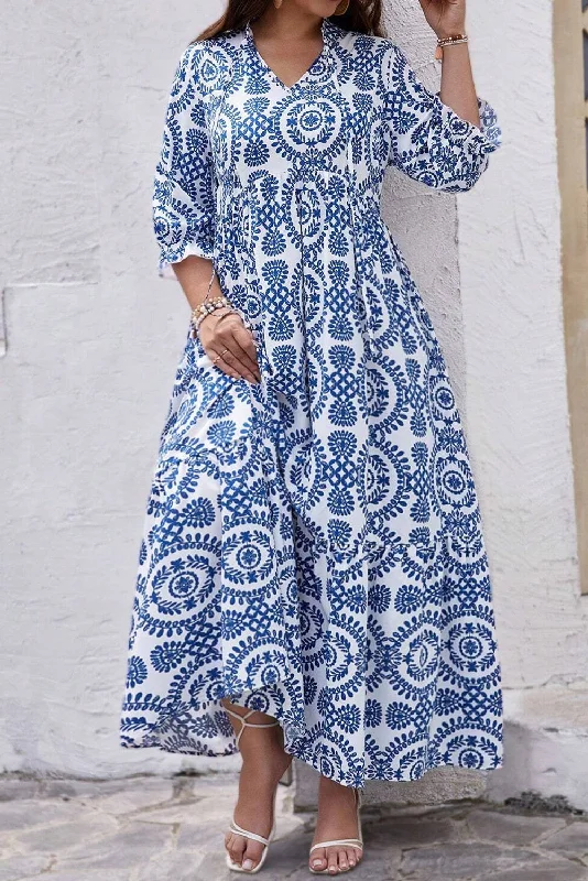 floral maxi dress-Sky Blue Geometric Print Lace-up Notch Neck Plus Size Maxi Dress