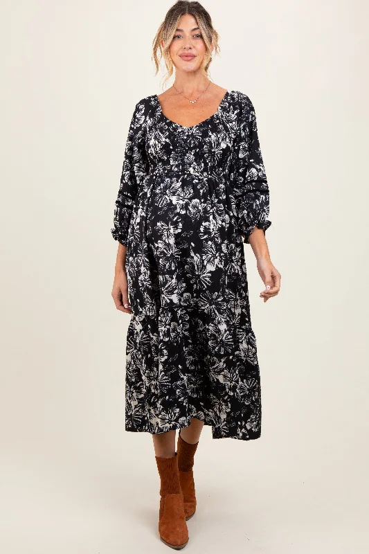 bohemian print midi dress-Black Floral Smocked 3/4 Sleeve Tiered Maternity Midi Dress