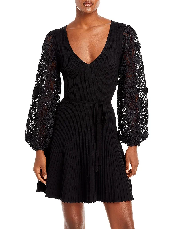 Silk mini dresses for luxury occasions-Womens Sequined Lace Mini Dress