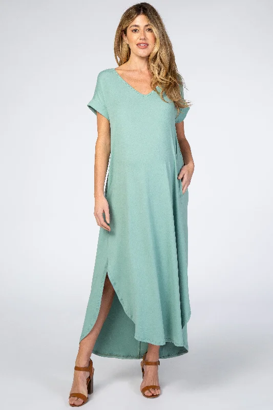 satin finish maxi dress-Light Olive Side Slit Maternity Maxi Dress