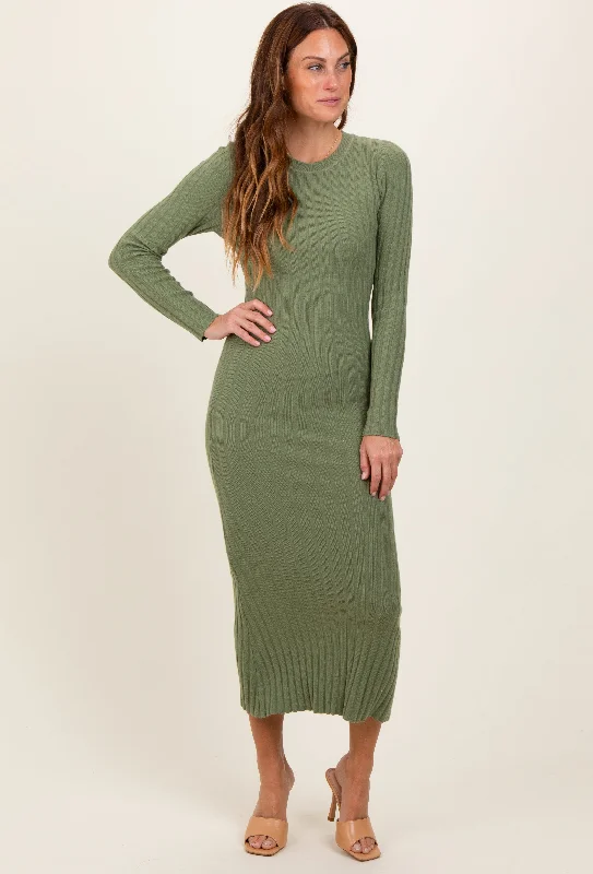 casual chic midi dress-Olive Ribbed Knit Fitted Midi Sweater Dress