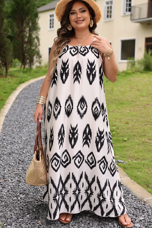 black maxi dress-Black Plus Size Western Print Halter Maxi Dress