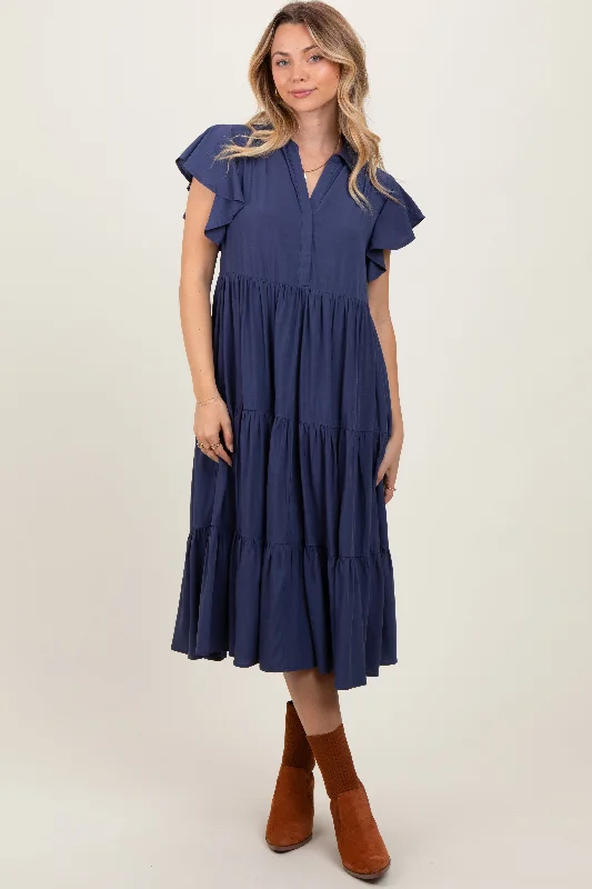 cowl neck midi dress-Navy Blue Ruffle Sleeve V-Neck Tiered Midi Dress