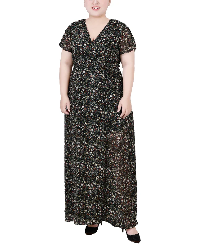 floral tiered maxi dress-Plus Size Short Sleeve Tie Closure Wrap Chiffon Maxi Dress