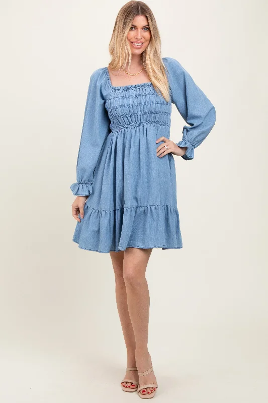 two-piece midi dress-Light Blue Vintage Wash Chambray Smocked Midi Dress