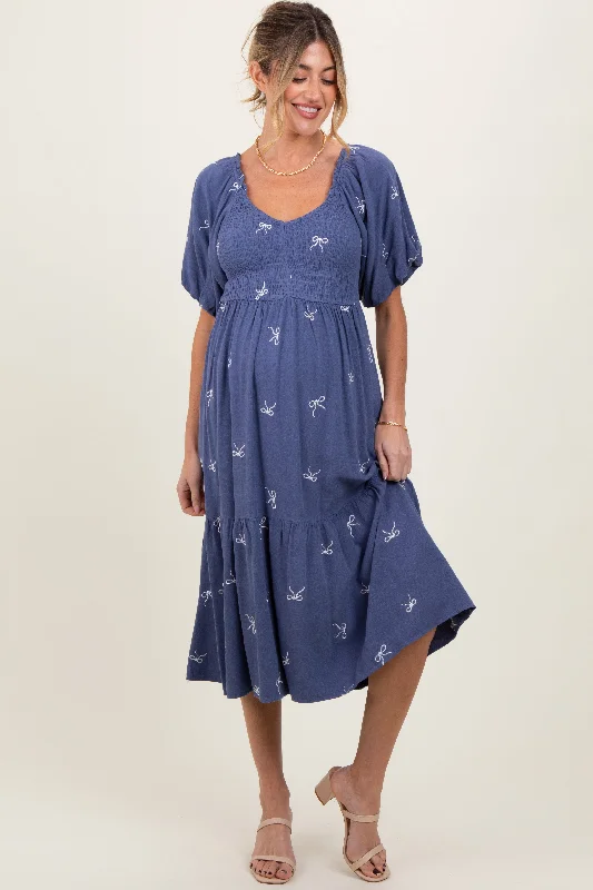 high neck midi dress-Blue Ribbon Print Smocked Maternity Midi Dress