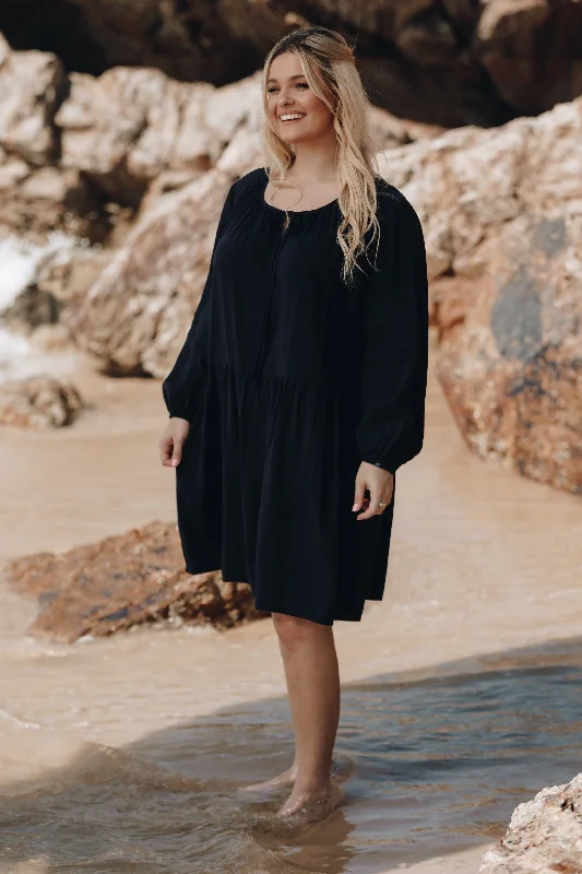 sheer midi dress-Long Sleeve Tie Front Midi Dress | Navy | FINAL SALE