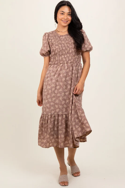 boho midi dress-Mocha Floral Puff Sleeve Smocked Midi Dress