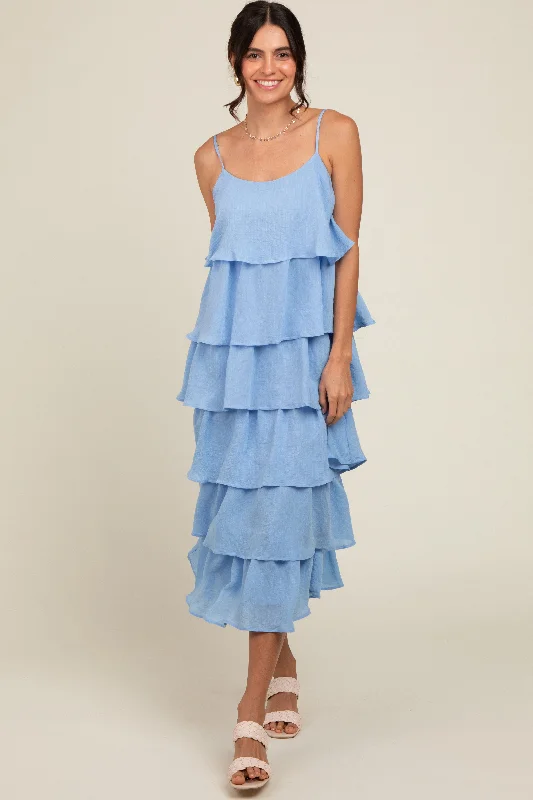 denim midi dress-Blue Tiered Midi Dress