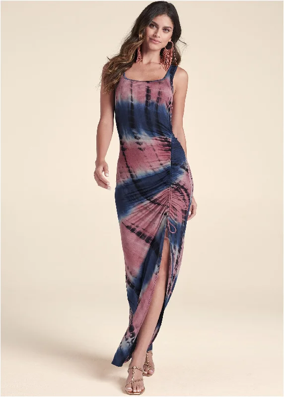 crochet maxi dress-Tie-Dye Maxi Dress - Navy & Coral