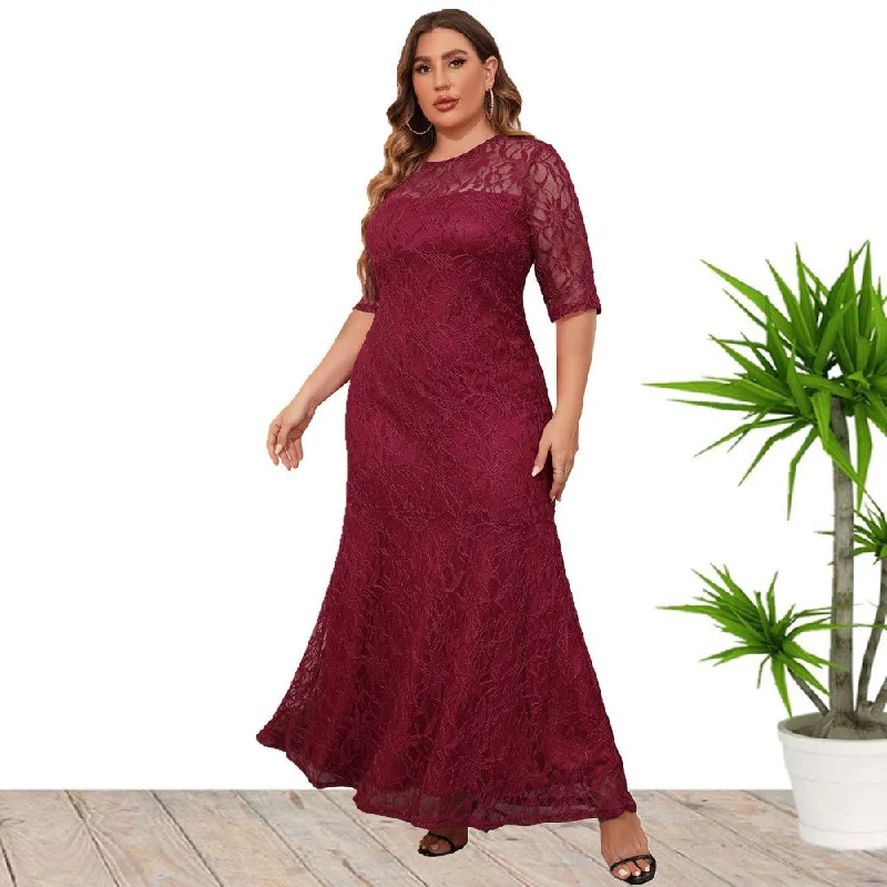 floral cotton maxi dress-Elegant Lace Short Sleeves Maxi Dress