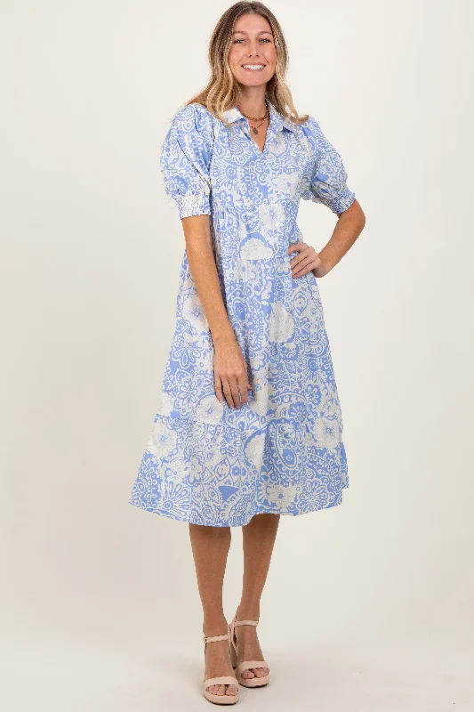 A-line midi dress-Periwinkle Floral Collared Tiered Midi Dress