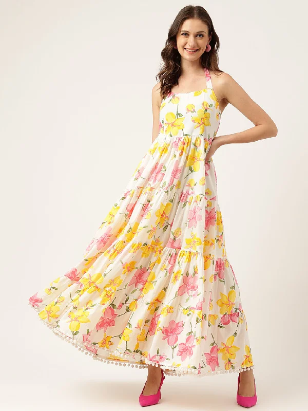 maxi dress with flutter sleeves-Floral Printed Halter Neck Cotton Casual Maxi Dress