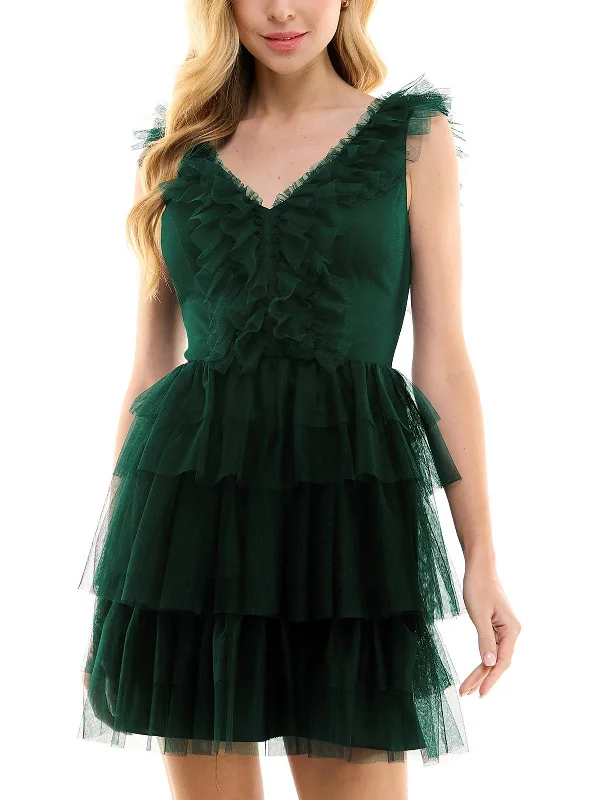 Mini dresses with corset lacing details-Juniors Womens Tiered Tulle Fit & Flare Dress