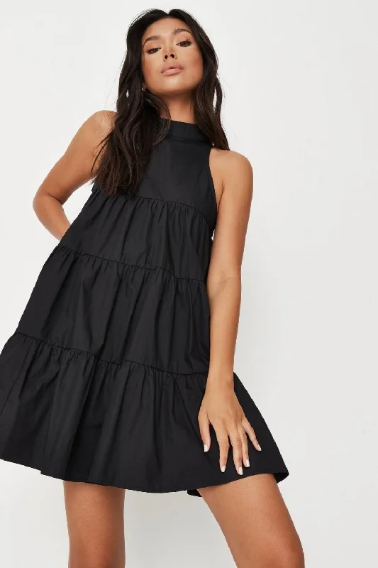 Y2K mini dresses with low-rise belts-High Neck Ruffled Mini Dress In Black