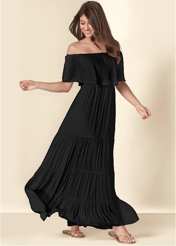 ruffled sleeve maxi dress-Tiered Maxi Dress - Black