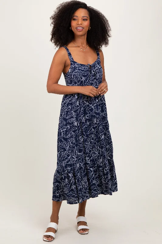 lace midi dress-Navy Floral Outline Print Sleeveless Midi Dress