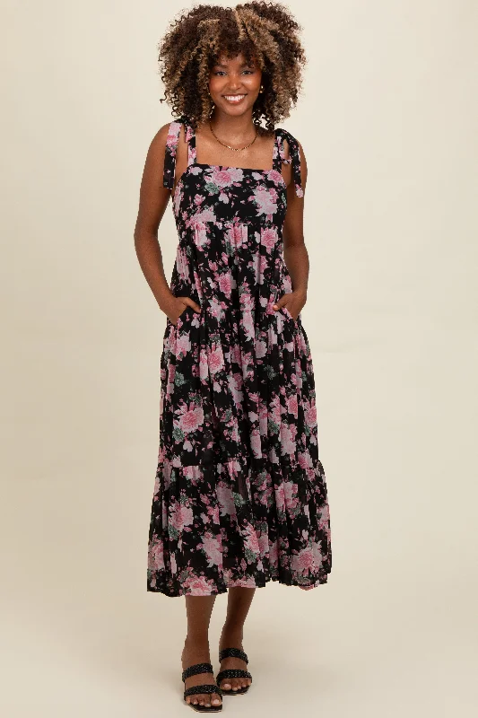 urban midi dress-Black Floral Print Tie Strap Midi Dress