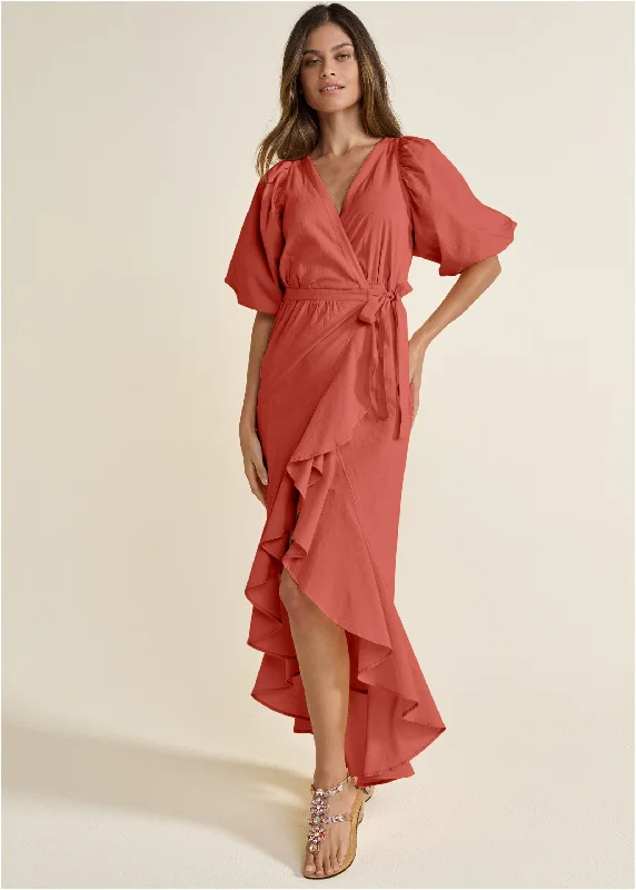 asymmetrical maxi dress-Ruffle Wrap Maxi Dress - Burnt Orange