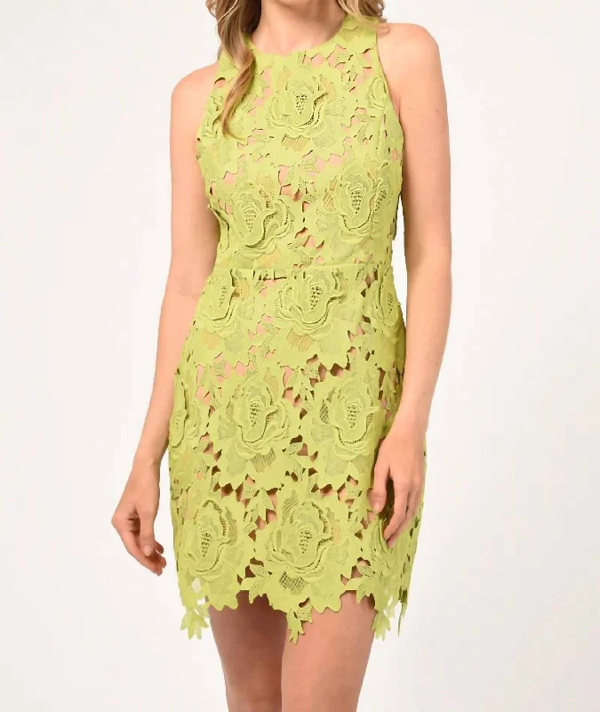 Tulle mini dresses with layered skirts-Cassie 3D Crochet Mini Dress In Lime Green