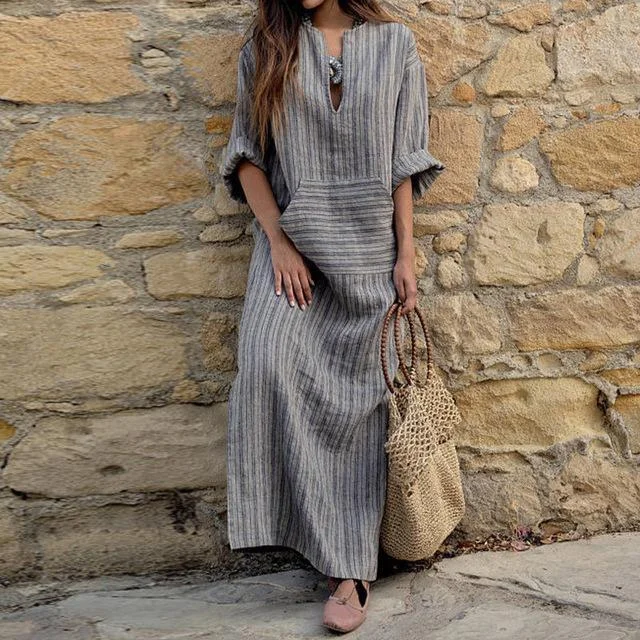 smocked bodice maxi dress-Striped Oversized Maxi Dress  | Zen