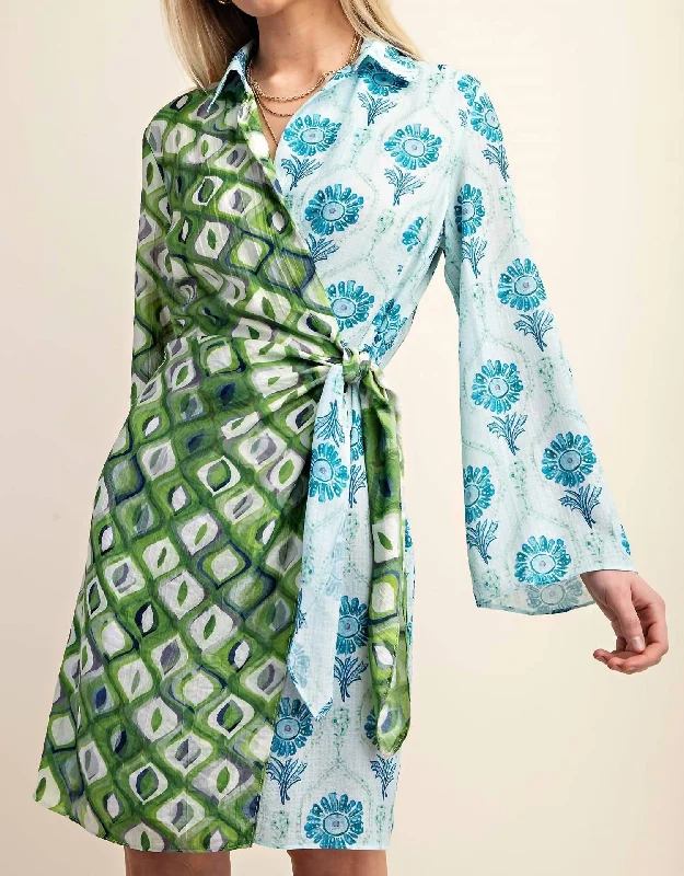 Layered mini dresses with cardigan sets-Mixed Print Long Sleeves Wrap Mini Dress In Green/blue