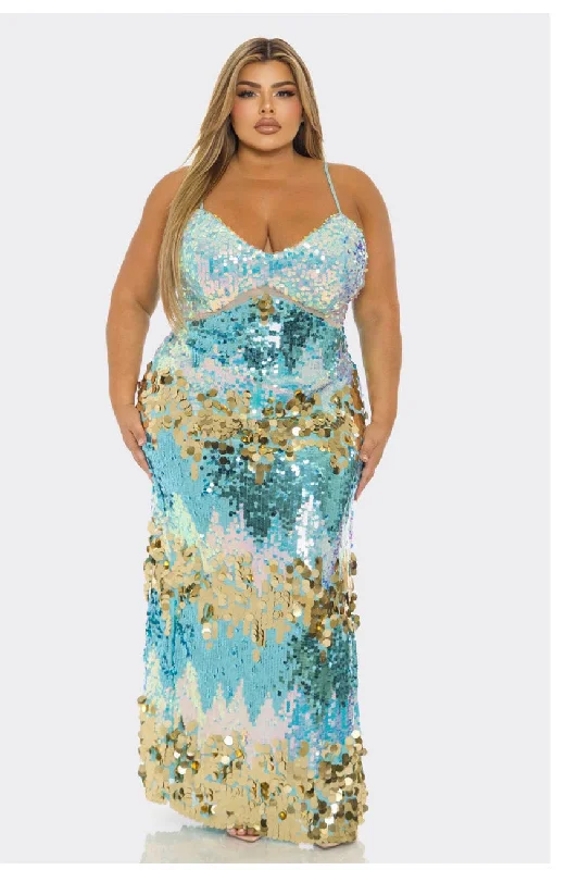 maxi dress with off shoulder-Tiffany Blue Multi Color Disc Sequin Maxi Dress