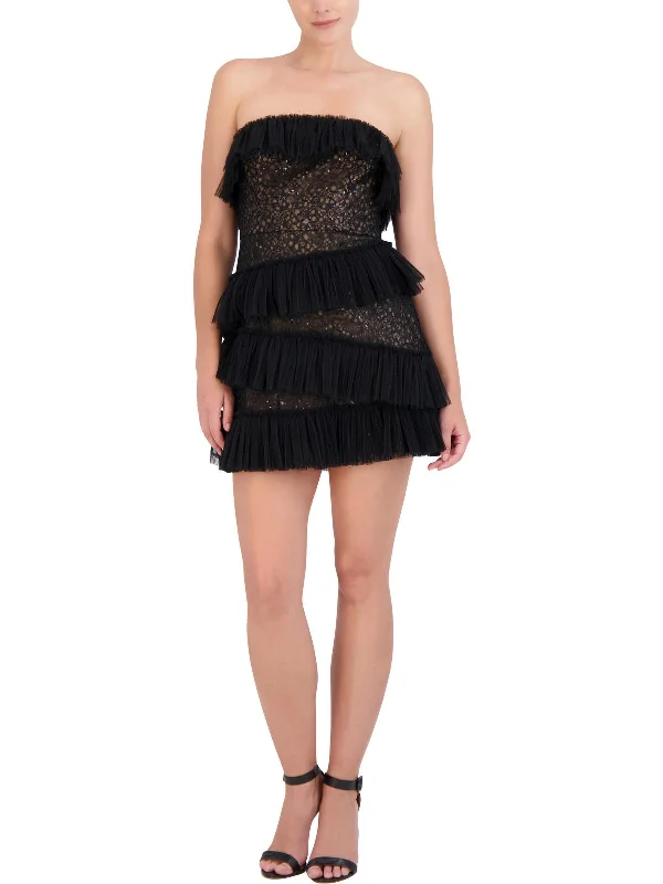 chiffon cocktail dress-Womens Lace Tiered Cocktail And Party Dress