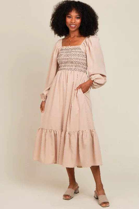 long sleeve midi dress-Beige Contrast Smocked Balloon Sleeve Midi Dress