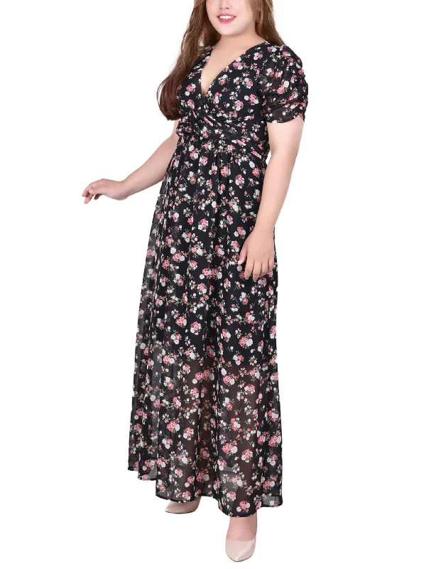 bodycon maxi dress-Plus Size Short Sleeve Rouched Bodice Chiffon Maxi Dress