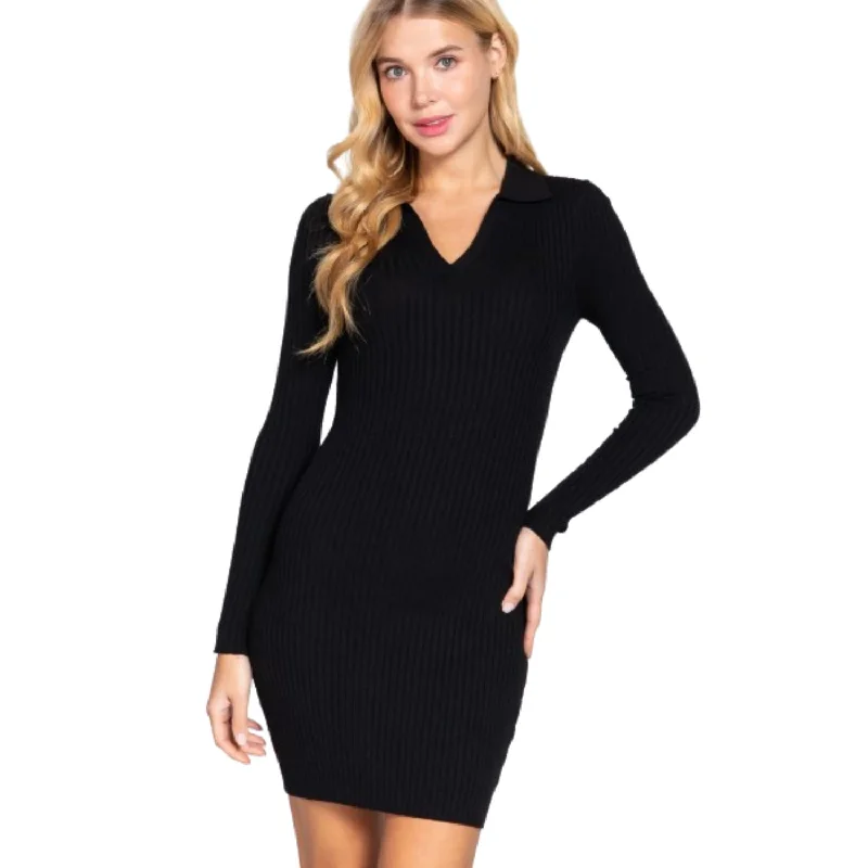 Luxury silk mini dresses for special occasions-Long Sleeve V-neck Sweater Rib Mini Dress