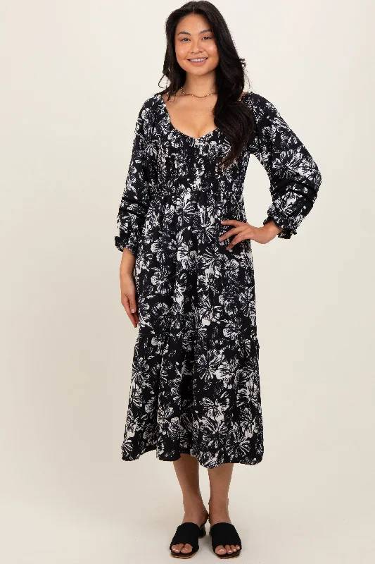 velvet midi dress-Black Floral Smocked 3/4 Sleeve Tiered Midi Dress