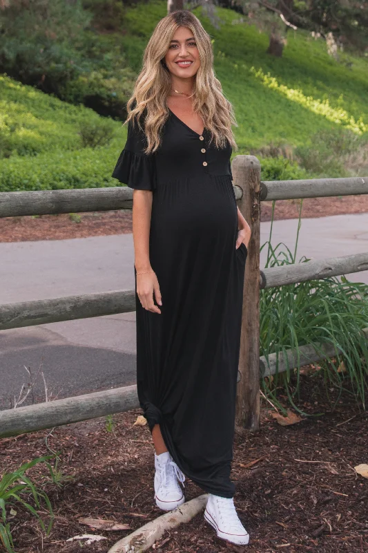 backless maxi dress-Black Button Ruffle Sleeve Maternity Maxi Dress