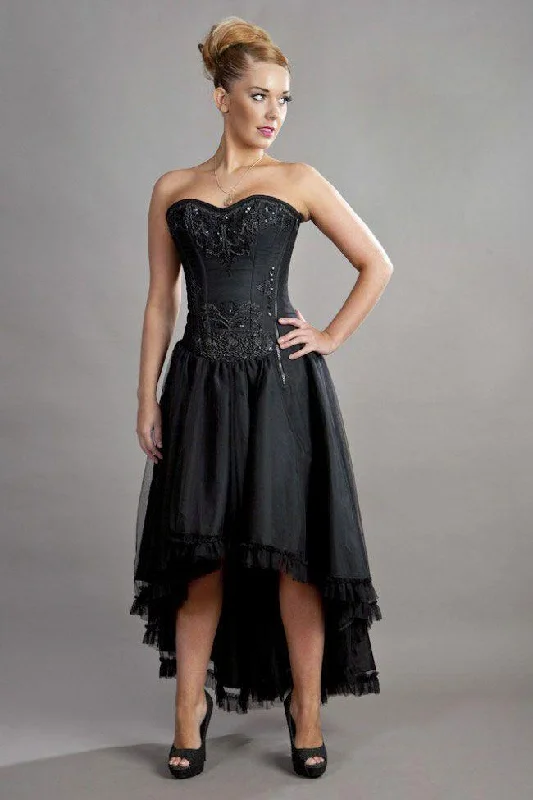 peasant style maxi dress-Geneva Hi-low Prom Corset Dress In Black Taffeta And Black Mesh Overlay