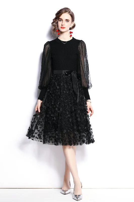 cocktail dress with sweetheart bodice-Black Cocktail & Party A-line Crewneck Long Sleeve Below Knee Dress