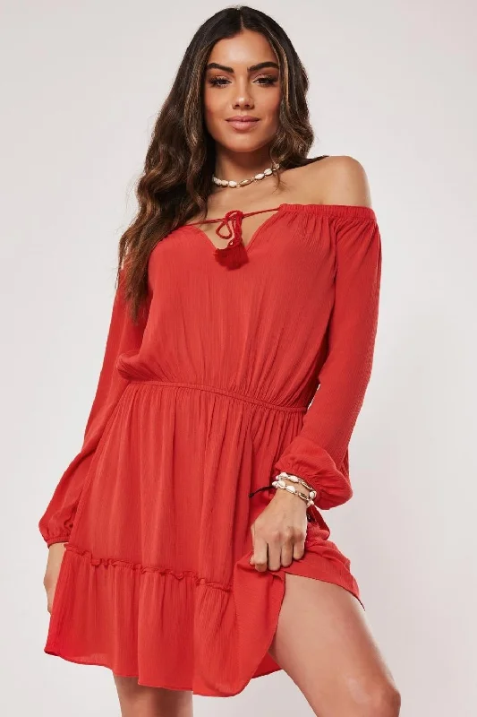 Layered mini dresses with cardigan sets-Red Off Shoulder Mini Flare Dress