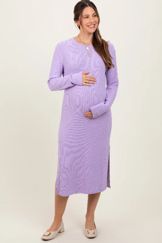 edgy midi dress-Lavender Ribbed Knit Long Sleeve Side Slit Maternity Midi Dress