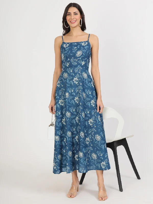 smocked maxi dress-Indigo Blue Cotton Long Dress for Women