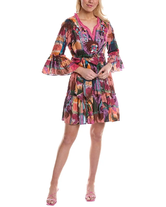 Mini dresses with side slit for movement-bella tu Bird Bell-Sleeve Mini Dress