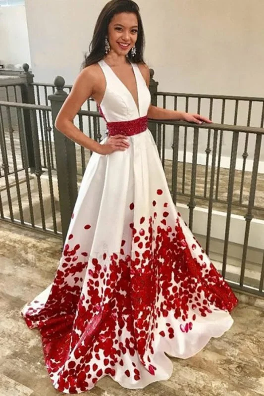 vintage-inspired evening dress-A-Line Deep V-Neck Floral Satin Prom with Beading Sweep Train Evening Dress