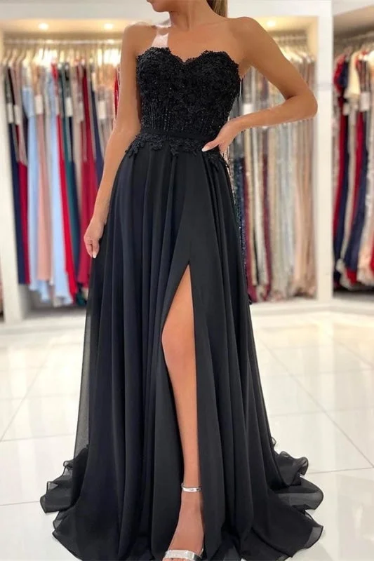 vintage evening dress-A-line Lace Front-Split Black Prom Dress Off-the-shoulder Evening Dress