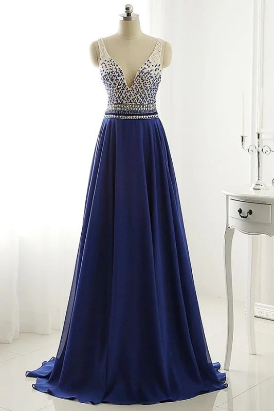 tulle evening dress-A Line Long Chiffon Royal Blue Crystal Prom Dress Eevening Gown