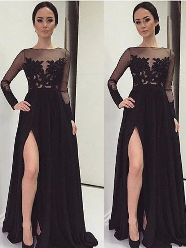 evening dress with illusion neckline-A-Line/Princess Bateau Long Sleeves Lace Floor-Length Chiffon Dresses