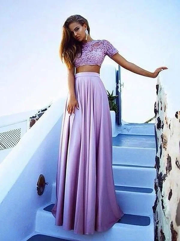 evening dress with ruffles-A-Line/Princess Bateau Short Sleeves Satin Floor-Length Lace Two Piece Dresses