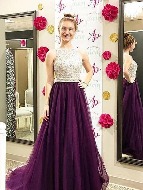 elegant long evening dress-A-Line/Princess Bateau Sleeveless Sweep/Brush Train Beading Tulle Dresses