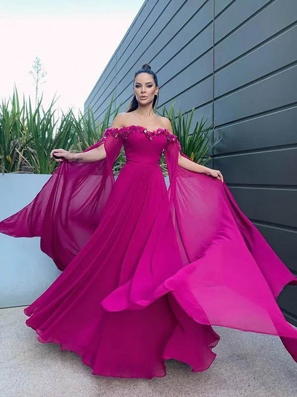 evening dress with mesh-A-Line/Princess Chiffon Floor-Length Long Sleeves Ruffles Off-the-Shoulder Dresses