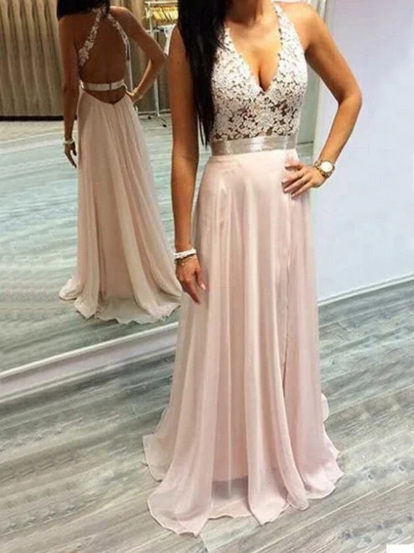 high-low evening dress-A-Line/Princess Halter Sleeveless Chiffon Lace Sweep/Brush Train Dresses