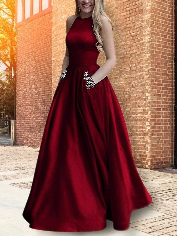 spaghetti strap evening dress-A-Line/Princess Halter Sleeveless Floor-Length Beading Satin Dresses