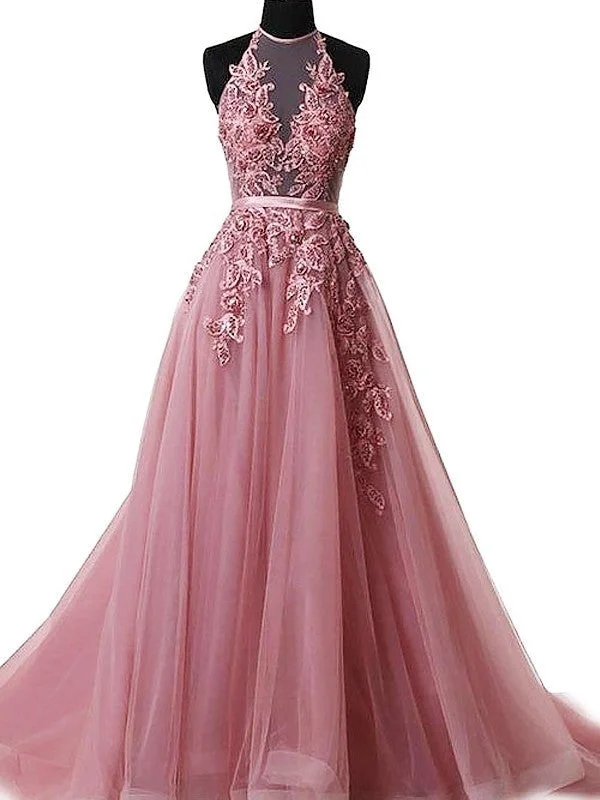 glittering evening gown-A-Line/Princess Halter Sleeveless Sweep/Brush Train Applique Tulle Dresses