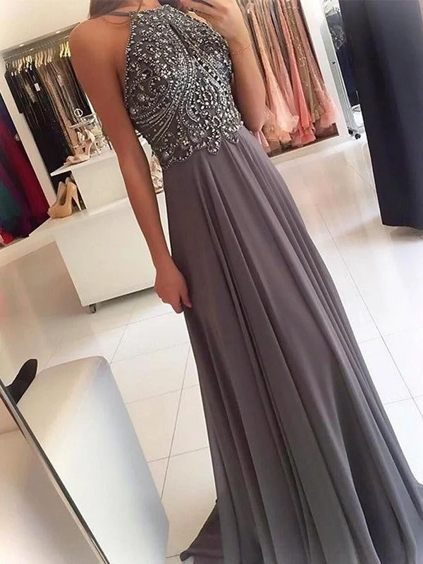 evening dress with cape-A-Line/Princess Halter Sleeveless Sweep/Brush Train Beading Chiffon Dresses